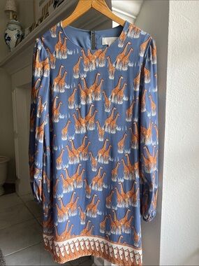 Corey Lynn Calter Blue Long-Sleeve Shift Dress with Orange Giraffe Print